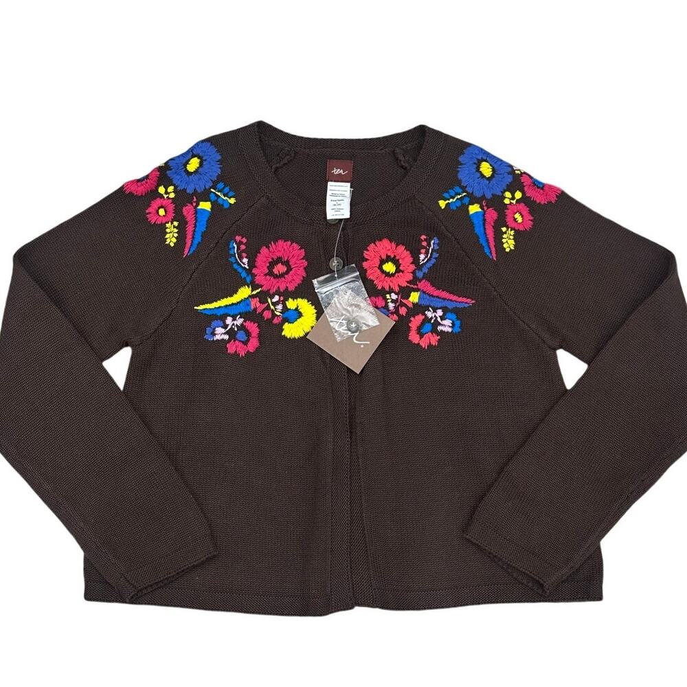 Tea Collection Girls Embroidered Floral Cardigan Brown L 8-10 NWT